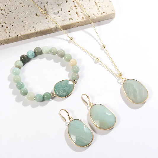 Gold Chain Necklace Natural Stone Bracelet Earrings Women's Jewelry Set Angel Wishes