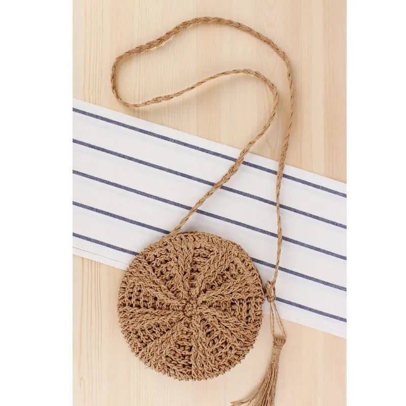 Simple round tassel women's crossbody straw woven bag Angel Wishes