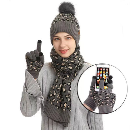 Winter Leopard Print Warm Knitted Wool Hat Scarf Gloves Three Piece Set Angel Wishes