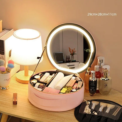 Round Smart LED Makeup Bag With Mirror Lights Women Beauty Bag Large Capacity PU Leather Travel Organizers Cosmetic Case Angel Wishes