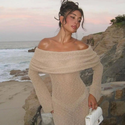 New One-shoulder Knitted Long-sleeved Dress Sexy Beach Holiday Long Dresses Womens Clothing Angel Wishes