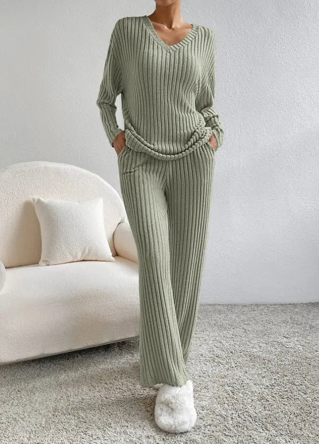 Fashion Solid Striped Suit V-neck Long-sleeved Top And  Pants Angel Wishes