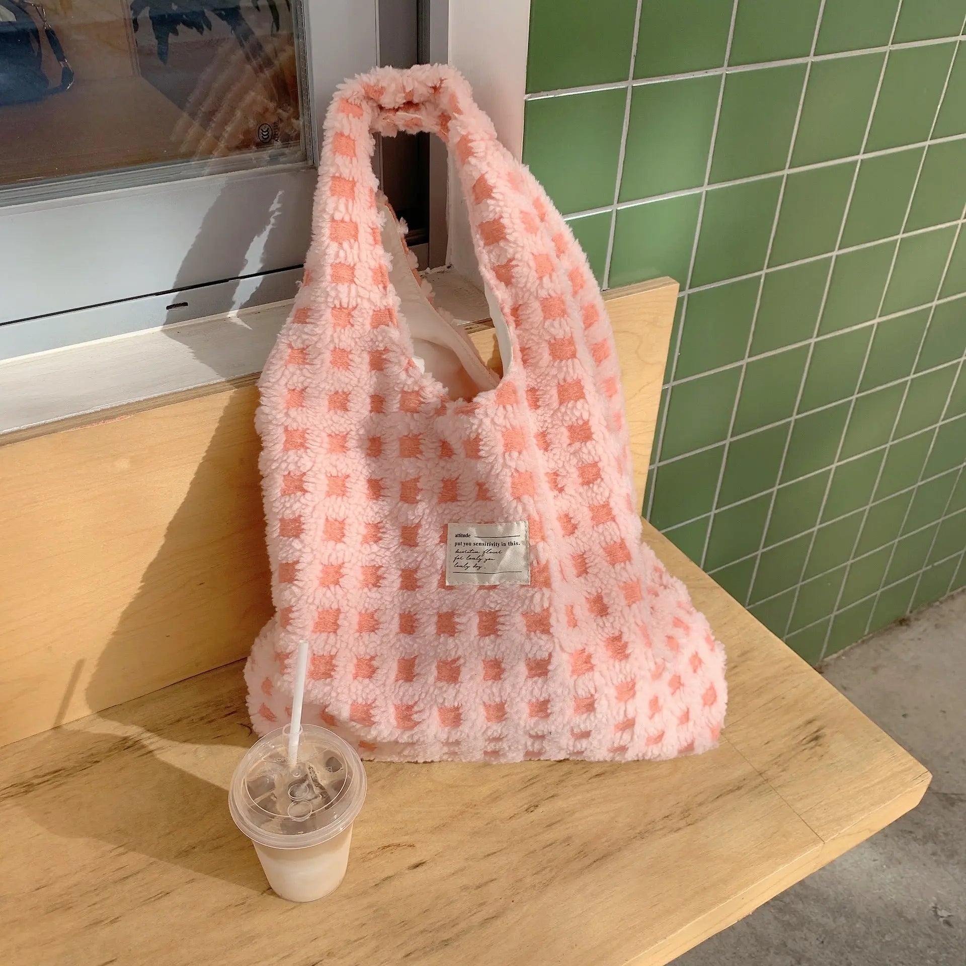 Waffle Flannel Bag Tote Bag Large Capacity Commute Minimalist Student Class Bag Angel Wishes