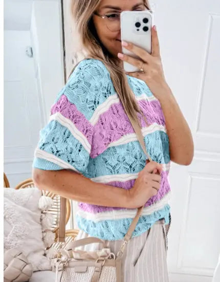 Purple Stripe Color Block Hollow Out Crochet Half Sleeve Sweater Angel Wishes
