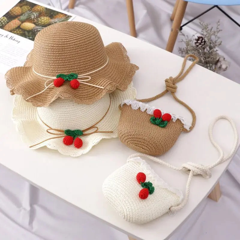 Girls Cherry Straw Hat Bag Set - Angel Wishes