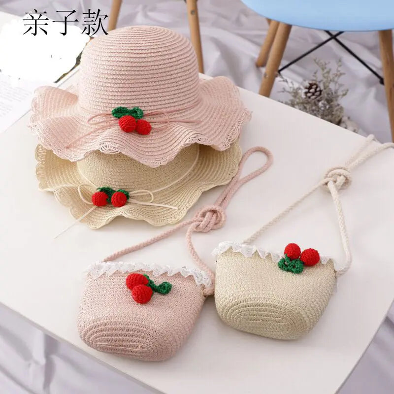 Girls Cherry Straw Hat Bag Set - Angel Wishes