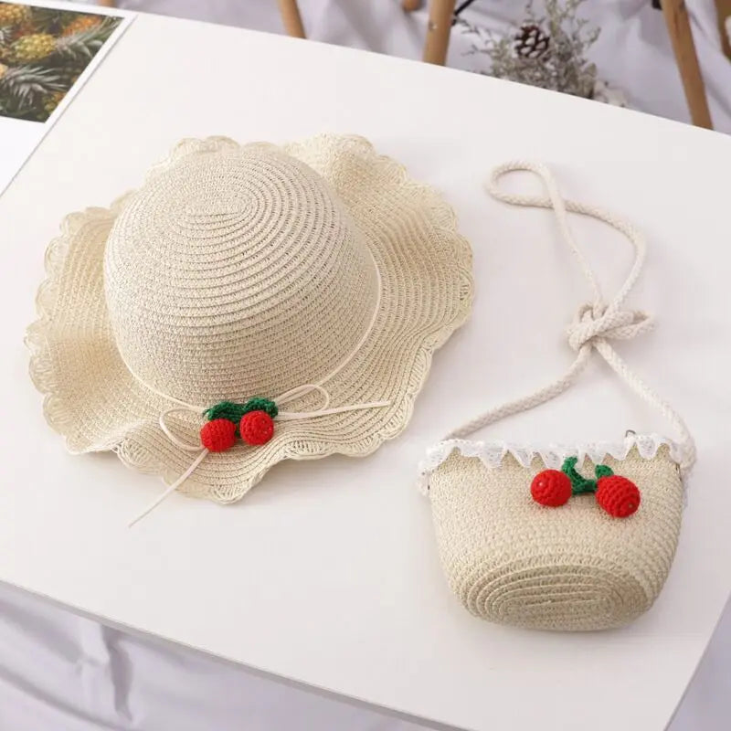 Girls Cherry Straw Hat Bag Set - Angel Wishes