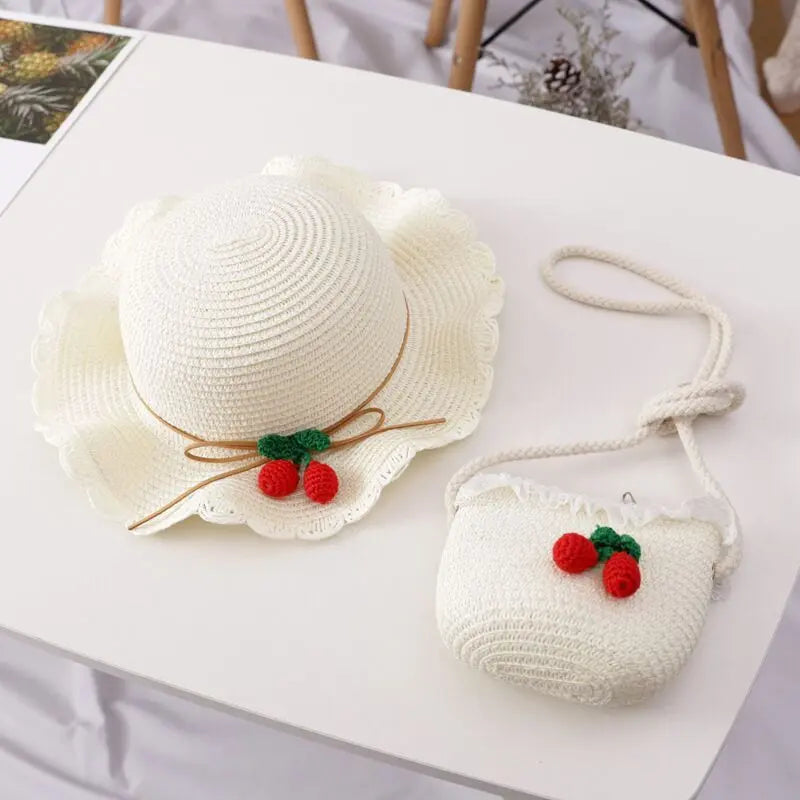 Girls Cherry Straw Hat Bag Set - Angel Wishes