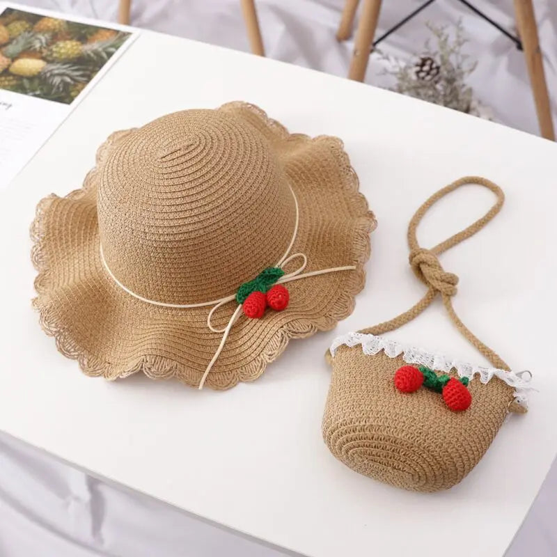 Girls Cherry Straw Hat Bag Set - Angel Wishes