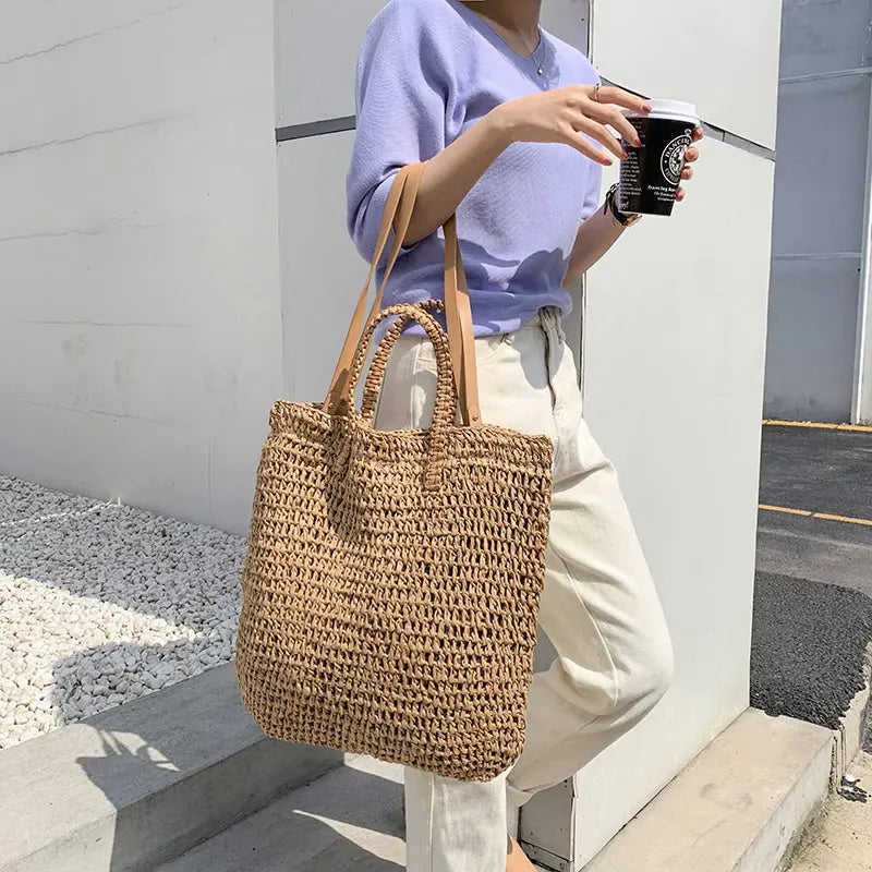 Solid Color Hollow One-shoulder Portable Dual-use Woven Bag Angel Wishes