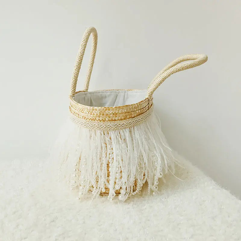 Spring Summer New Straw Bag White Feather Pearl Handbag Art Handbag Shoulder Tote Bag Angel Wishes