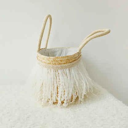 Spring Summer New Straw Bag White Feather Pearl Handbag Art Handbag Shoulder Tote Bag Angel Wishes