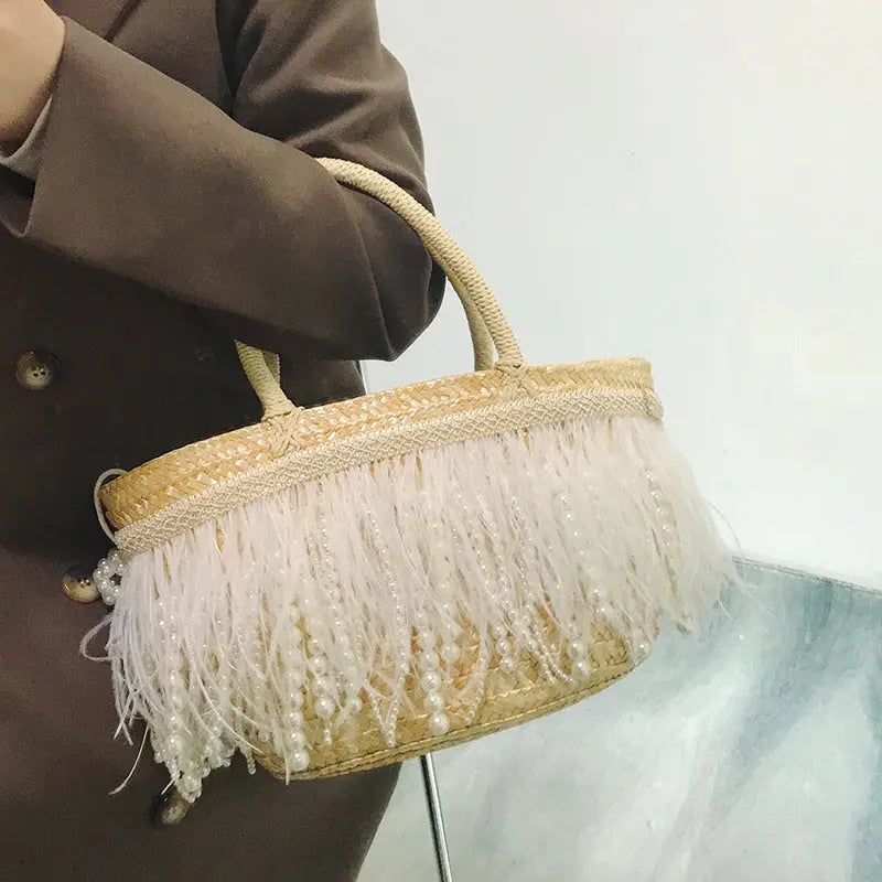 Spring Summer New Straw Bag White Feather Pearl Handbag Art Handbag Shoulder Tote Bag Angel Wishes