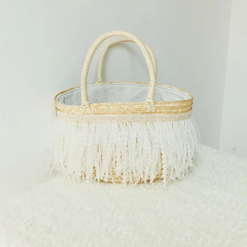 Spring Summer New Straw Bag White Feather Pearl Handbag Art Handbag Shoulder Tote Bag Angel Wishes