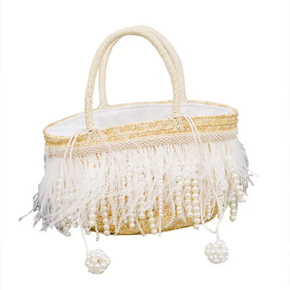 Spring Summer New Straw Bag White Feather Pearl Handbag Art Handbag Shoulder Tote Bag Angel Wishes
