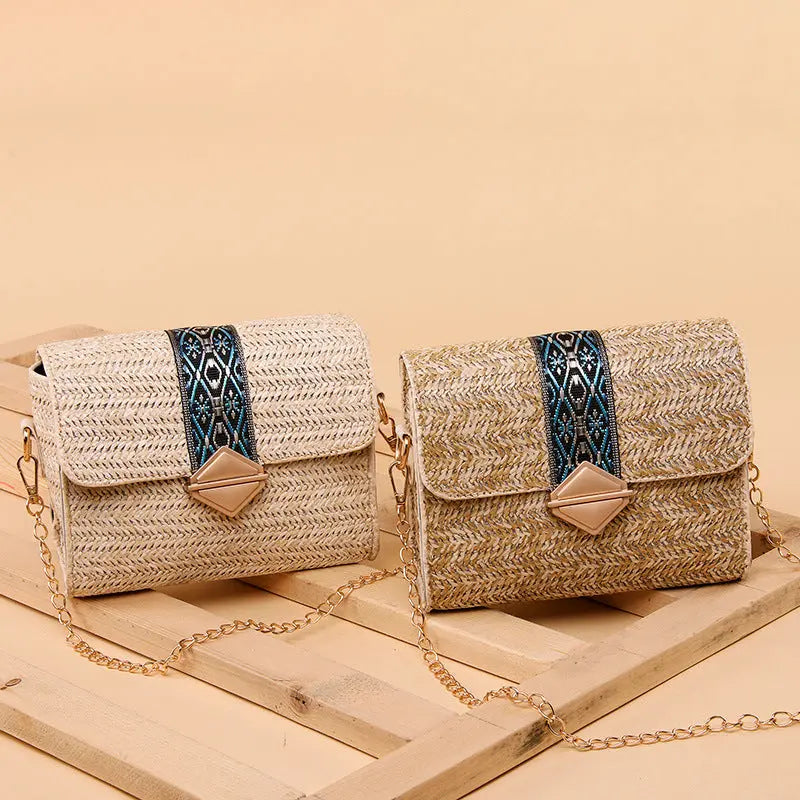Summer New National Style Straw Woven Bag Seaside Holiday Leisure Woven Women'S Bag Single Shoulder Bag Chain Messenger Bag Angel Wishes