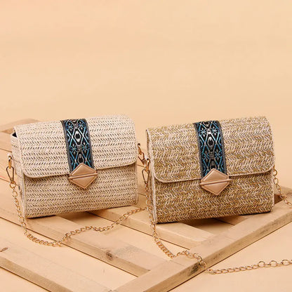 Summer New National Style Straw Woven Bag Seaside Holiday Leisure Woven Women'S Bag Single Shoulder Bag Chain Messenger Bag Angel Wishes