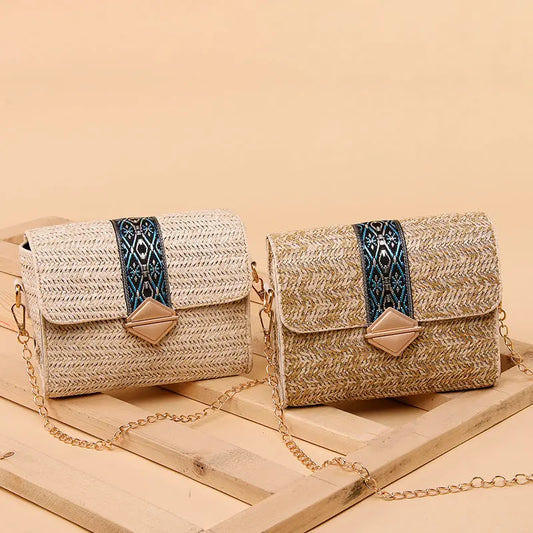 Summer New National Style Straw Woven Bag Seaside Holiday Leisure Woven Women'S Bag Single Shoulder Bag Chain Messenger Bag Angel Wishes