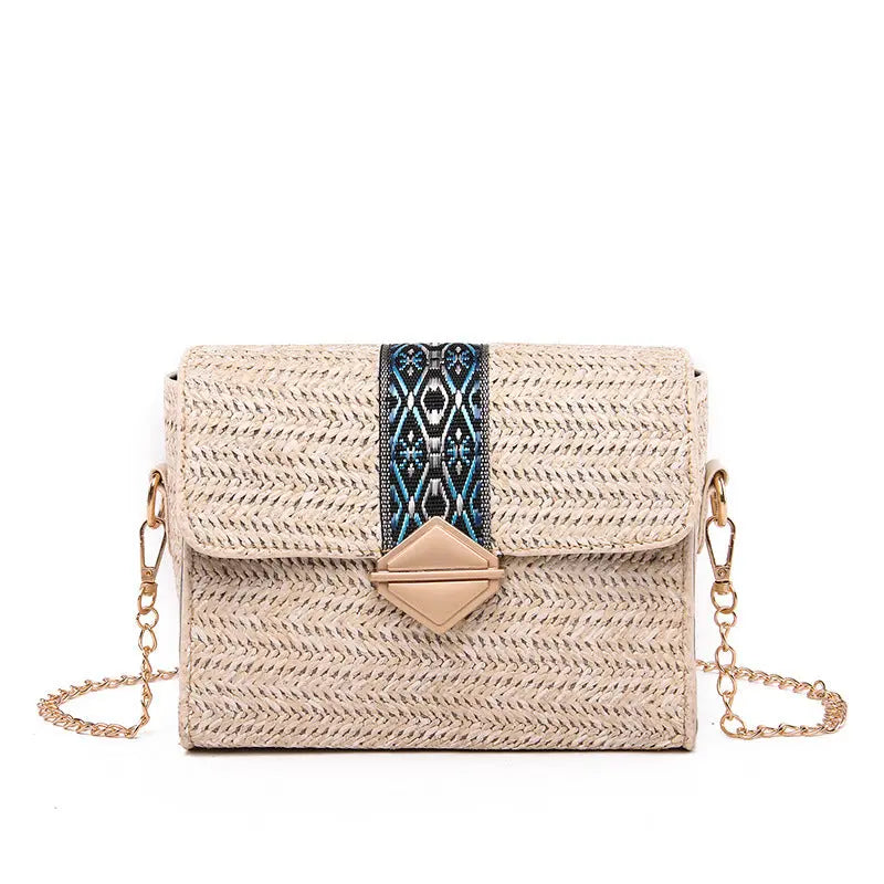 Summer New National Style Straw Woven Bag Seaside Holiday Leisure Woven Women'S Bag Single Shoulder Bag Chain Messenger Bag Angel Wishes