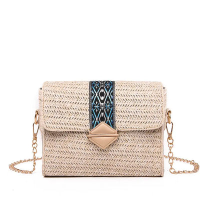 Summer New National Style Straw Woven Bag Seaside Holiday Leisure Woven Women'S Bag Single Shoulder Bag Chain Messenger Bag Angel Wishes
