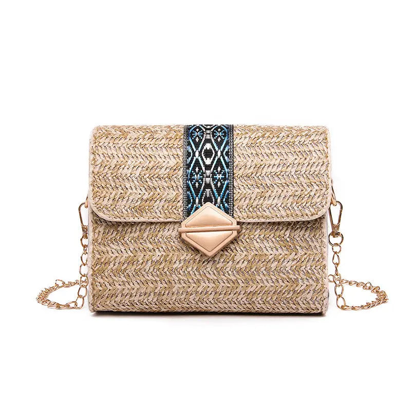 Summer New National Style Straw Woven Bag Seaside Holiday Leisure Woven Women'S Bag Single Shoulder Bag Chain Messenger Bag Angel Wishes