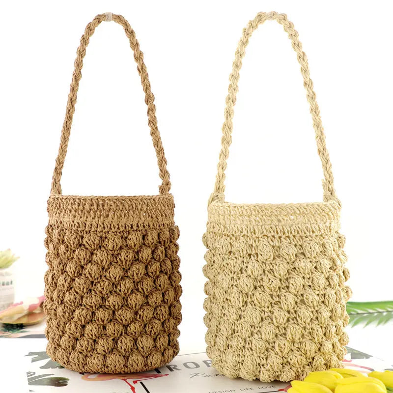 New Korean version of Hyuna One-shoulder Peas Women's Bag Paper Rope Woven Beach Portable Bucket Straw Bag Angel Wishes
