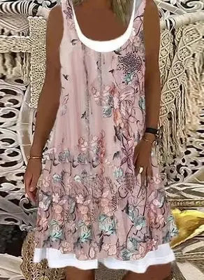 Printed Sleeveless Fake Two-piece Mid-length Dress Angel Wishes