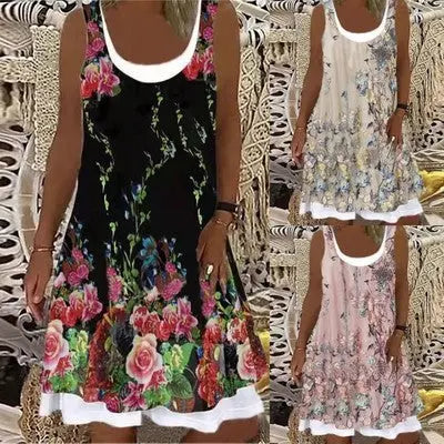 Printed Sleeveless Fake Two-piece Mid-length Dress Angel Wishes