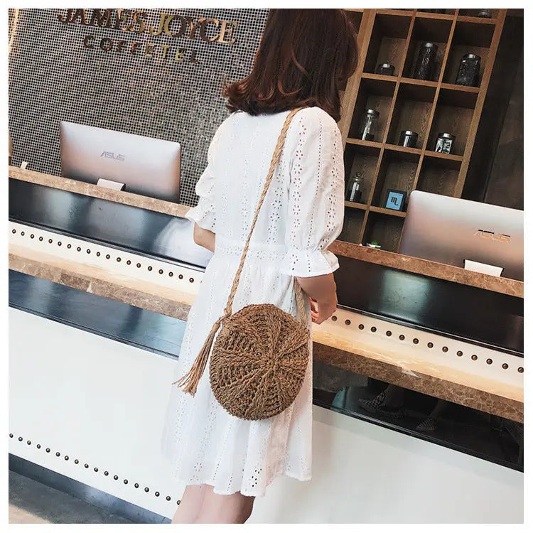Hollow round straw bag Angel Wishes