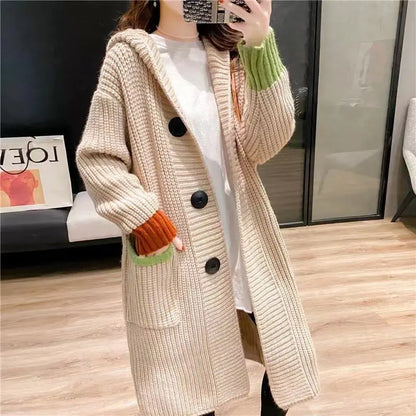 Autumn And Winter Thickening Sweater Loose Contrast Color Hooded Thick Thread Knitted Cardigan Jacket Angel Wishes