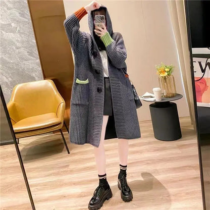 Autumn And Winter Thickening Sweater Loose Contrast Color Hooded Thick Thread Knitted Cardigan Jacket Angel Wishes