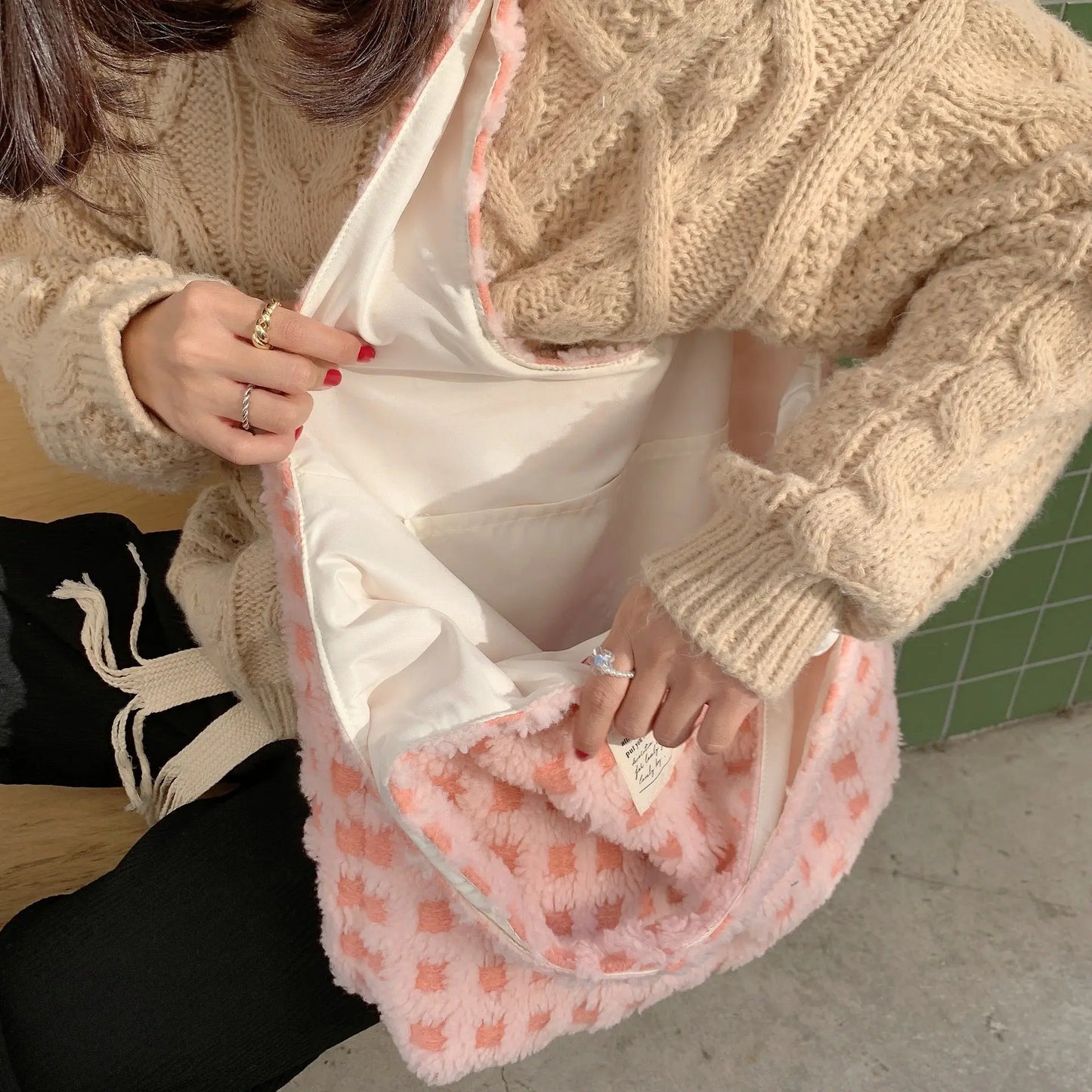 Waffle Flannel Bag Tote Bag Large Capacity Commute Minimalist Student Class Bag Angel Wishes
