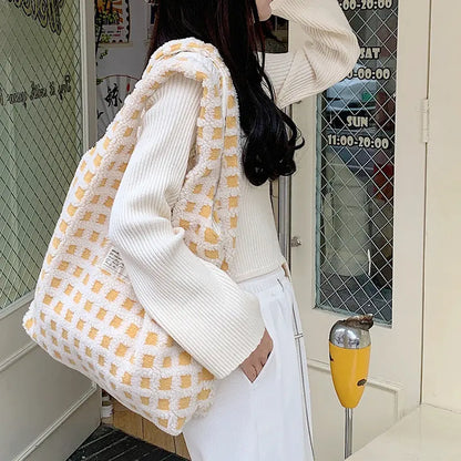Waffle Flannel Bag Tote Bag Large Capacity Commute Minimalist Student Class Bag Angel Wishes