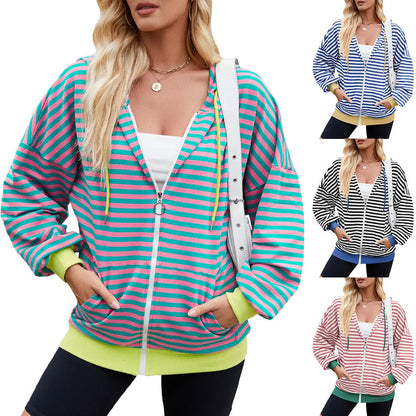 Striped Zipper Hooded Sweatshirt Fashion Loose Pockets Long-sleeved Jacket For Women Tops Angel Wishes