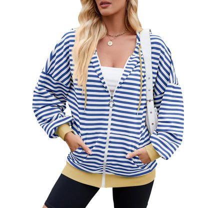 Striped Zipper Hooded Sweatshirt Fashion Loose Pockets Long-sleeved Jacket For Women Tops Angel Wishes