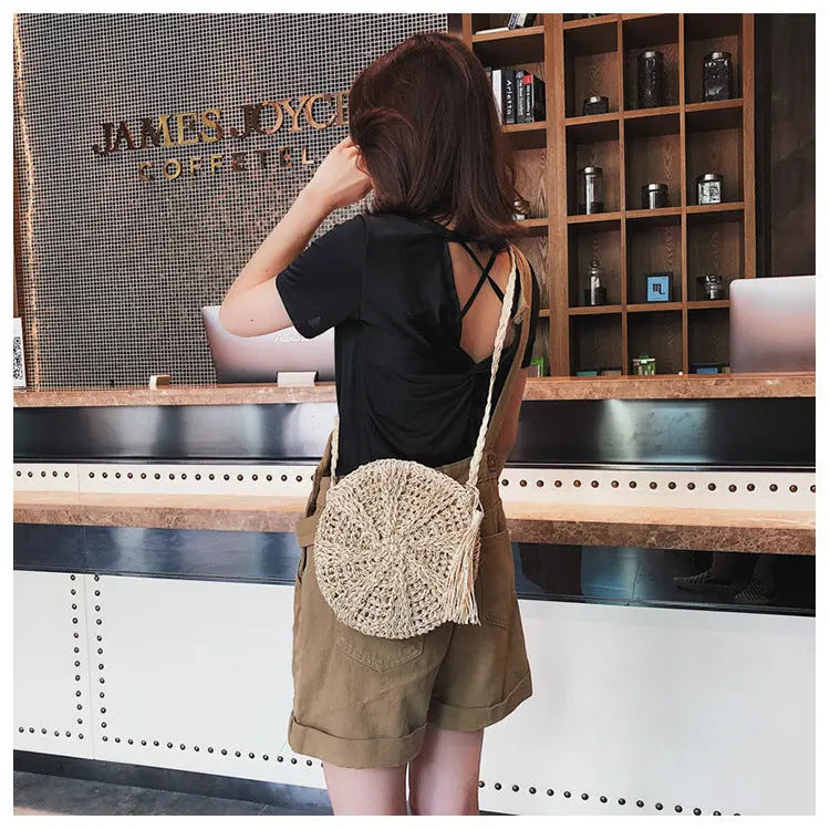 Hollow round straw bag Angel Wishes
