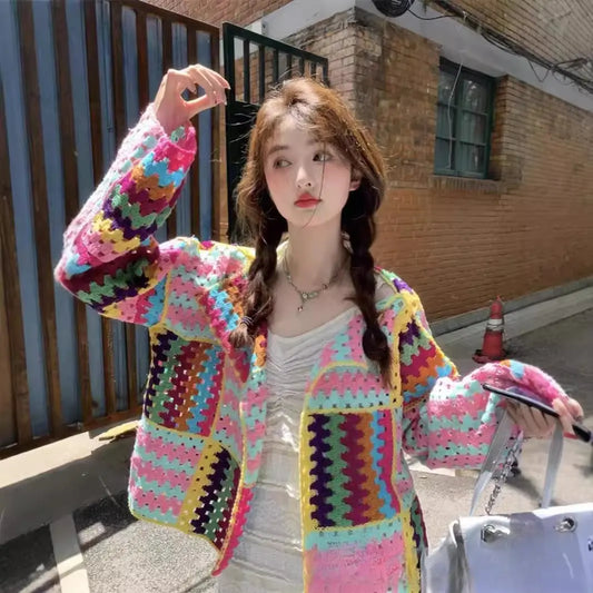 Sweet Heavy Industry Color Woven Crochet Loose Slim Long Sleeve Sweater Angel Wishes