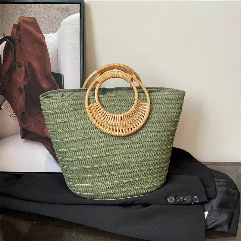 Seaside Ins Style Straw Bag Large Capacity Round Portable Angel Wishes