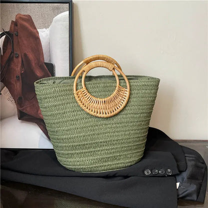 Seaside Ins Style Straw Bag Large Capacity Round Portable Angel Wishes