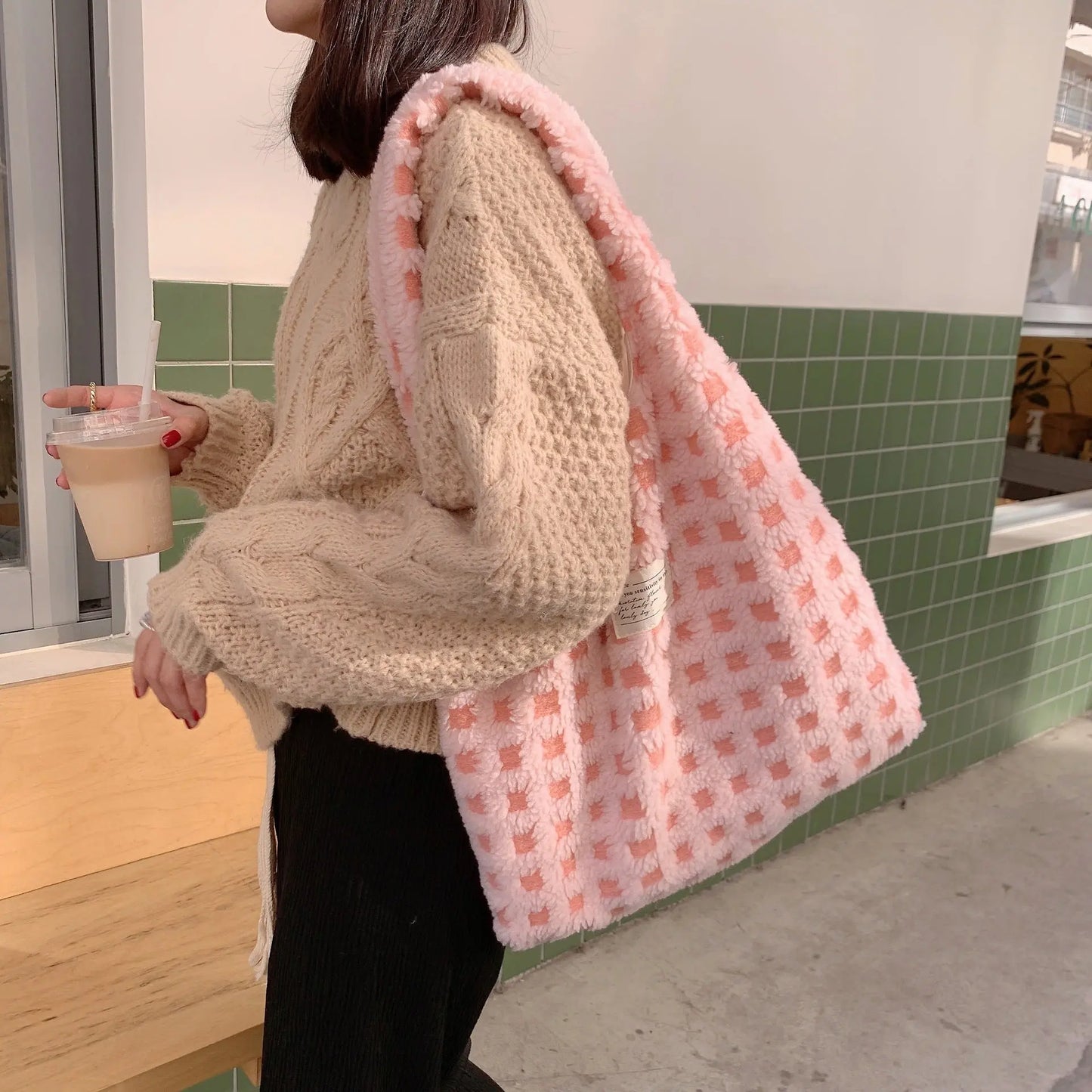 Waffle Flannel Bag Tote Bag Large Capacity Commute Minimalist Student Class Bag Angel Wishes