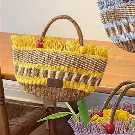 Picnic Basket Tassel Wooden Bead Decorative Cute Handbag Hand Woven Angel Wishes