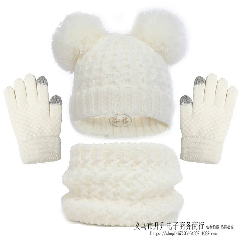 Children's Autumn And Winter Fleece-lined Thickened Double Ball Hat Scarf Gloves Three-piece Set Angel Wishes