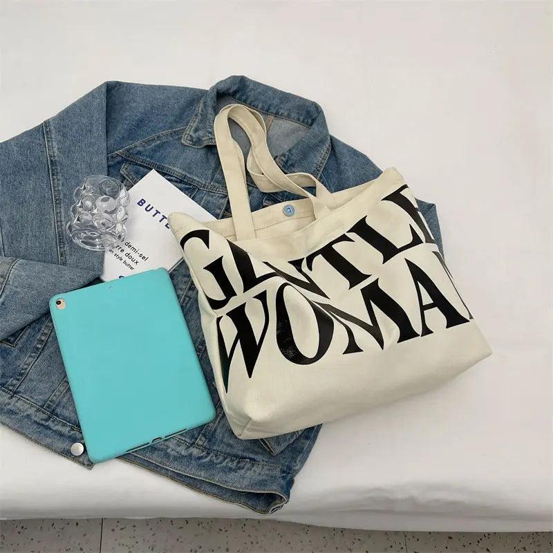 Large Capacity Canvas Bag Women Letter Printed Shoulder Travel Simple Handbags Travel Casual Daily Shopping Bags Totes Angel Wishes