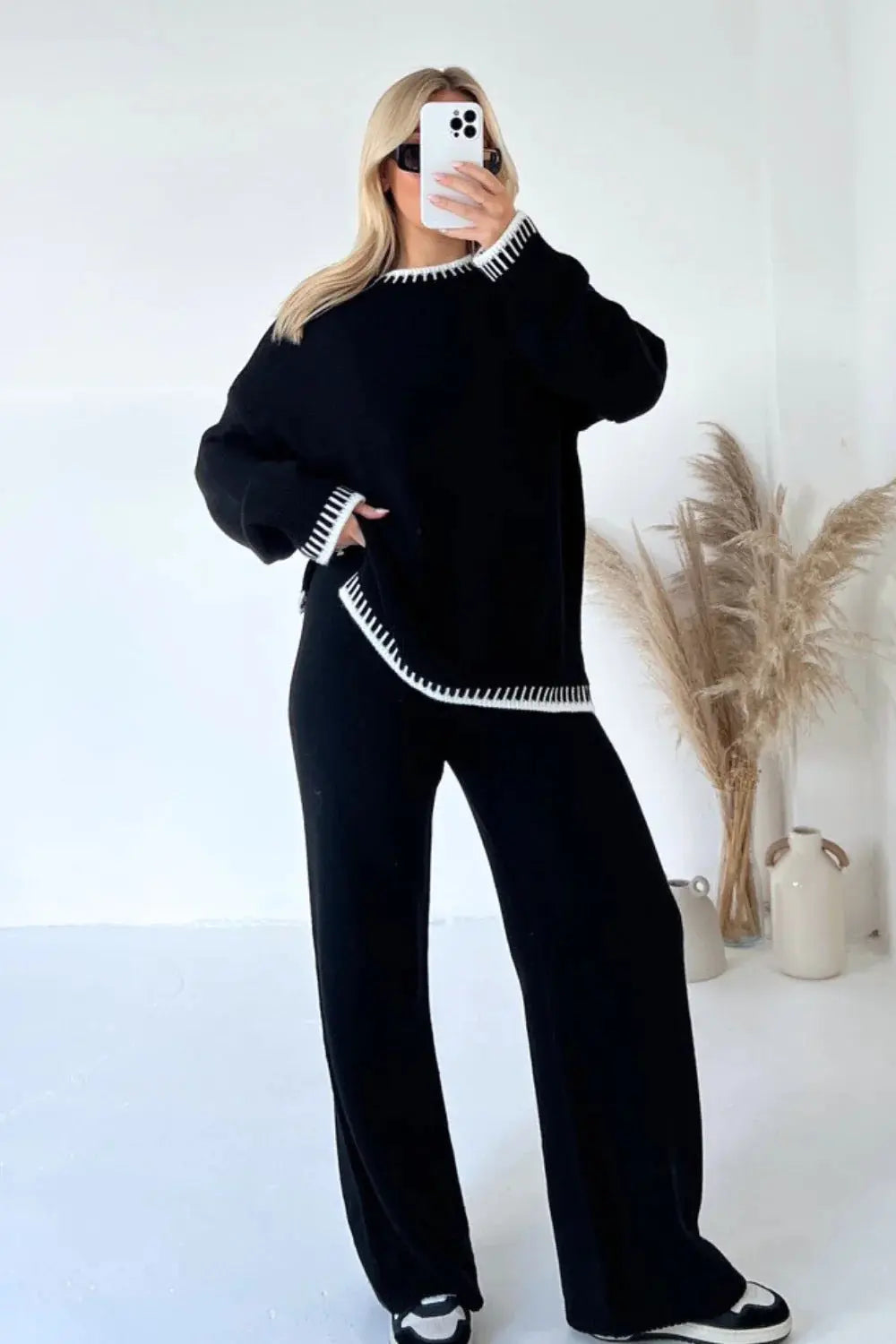 Women's Suit Fashion Pullover Split Long-sleeved Top And Loose Straight Pants Solid Color Two-piece Set Angel Wishes