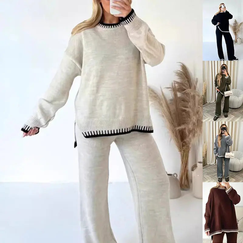 Women's Suit Fashion Pullover Split Long-sleeved Top And Loose Straight Pants Solid Color Two-piece Set Angel Wishes