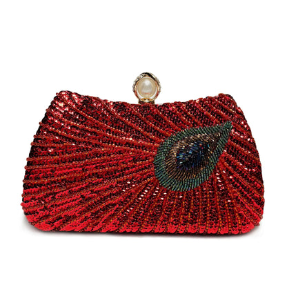 Beaded Peacock Feather Pearl Rhinestone Clutch Bag Angel Wishes