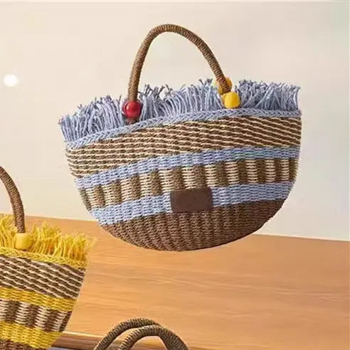 Picnic Basket Tassel Wooden Bead Decorative Cute Handbag Hand Woven Angel Wishes