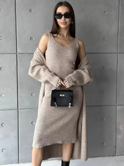 2pcs Knitted Suit Fashion Slim Sleeveless Long Dress And Casual Loose Cardigan Spring Fall Women's Clothing Angel Wishes