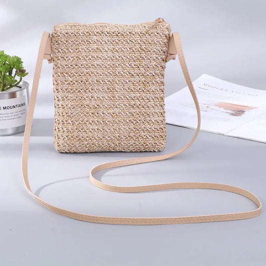Mobile Phone Diagonal Bag Solid Color Straw Woven Female Bag Angel Wishes