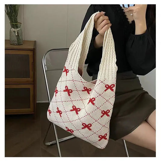 Bow High Sense Light Luxury Minority Shoulder Bag Casual Knitted Woven Bag Angel Wishes
